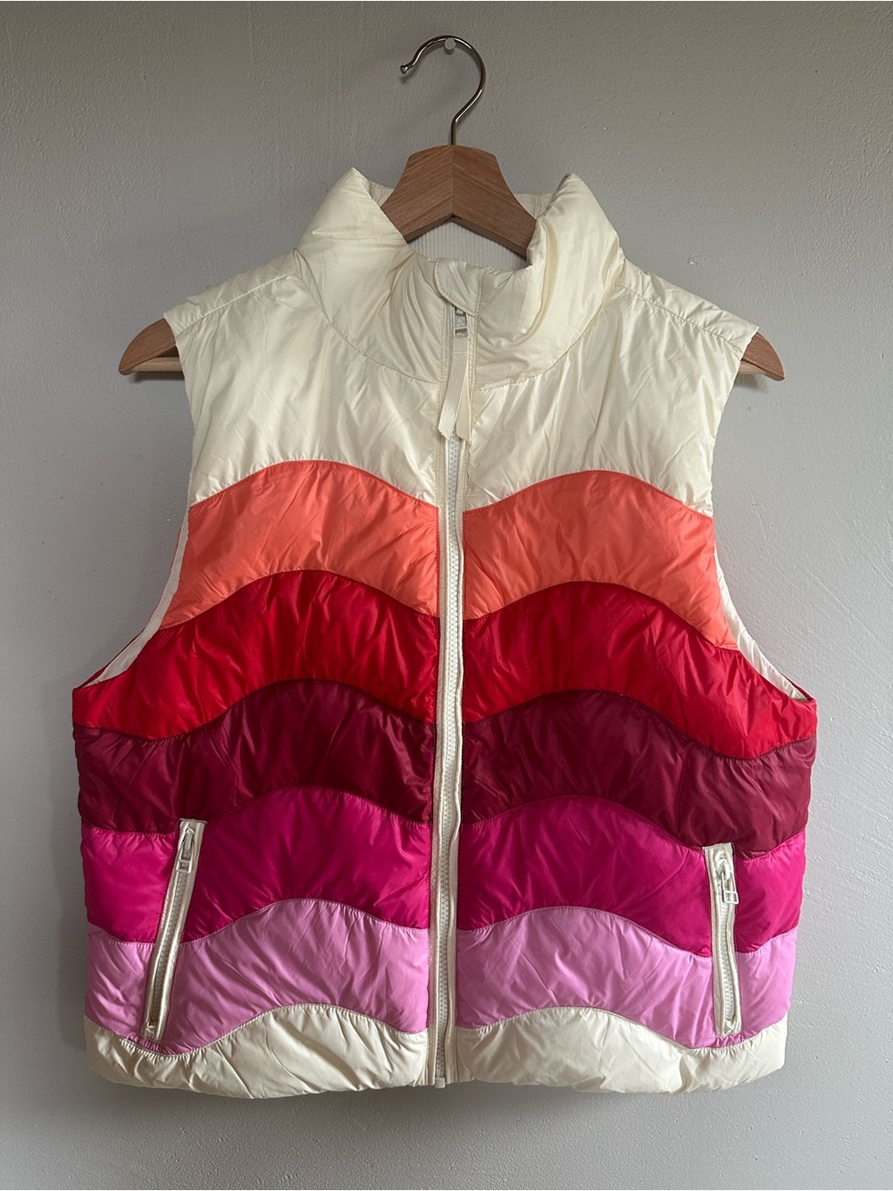 Marine Layer Quilted Colorblock Puffer Vest in Cream, Coral, Red and Pink
